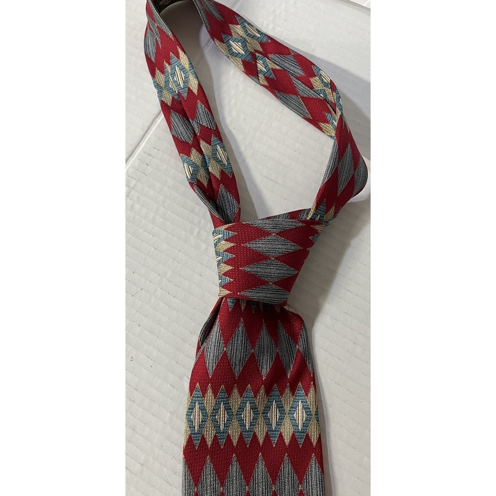 Barbara Blank Necktie Mens Tall Red Grey Gold Diamond Geometric Silk Tie